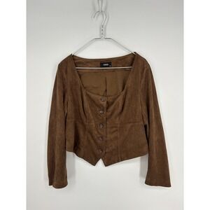 Cider Blouse Womens Plus 1XL Brown Faux Suede Button Up Western
